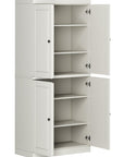72" Off White Solid Wood Adjustable Six Tier Library Bookcase with Four Doors