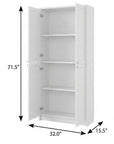 72" Off White Solid Wood Adjustable Six Tier Library Bookcase with Four Doors