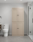 32" Beige Solid Wood Four Door Linen Cabinet