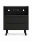 26" Black Wood Two Drawer Nightstand with USB Port and Integrated Tech