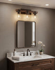 22" Brown Wood Metal And Glass Three Light Bath Bar Vanity Light