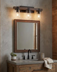 22" Brown Wood Metal And Glass Three Light Bath Bar Vanity Light