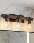 22" Brown Wood Metal And Glass Three Light Bath Bar Vanity Light