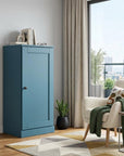 36" Teal Blue Solid Wood Adjustable Three Tier Library Bookcase with One Door