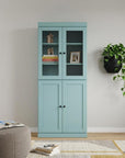 72" Aqua Solid Wood Adjustable Six Tier Library Bookcase with Four Doors