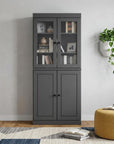 72" Gray Solid Wood Adjustable Six Tier Library Bookcase with Four Doors