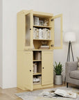 72" Yellow Solid Wood Adjustable Six Tier Library Bookcase with Four Doors