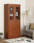 72" Coffee Solid Wood Adjustable Six Tier Library Bookcase with Four Doors