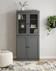 72" Gray Solid Wood Adjustable Six Tier Library Bookcase with Four Doors