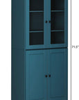 72" Teal Blue Solid Wood Adjustable Six Tier Library Bookcase with Four Doors