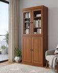 72" Coffee Solid Wood Adjustable Six Tier Library Bookcase with Four Doors