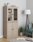72" Beige Solid Wood Adjustable Six Tier Library Bookcase with Four Doors