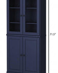 72" Navy Blue Solid Wood Adjustable Six Tier Library Bookcase with Four Doors