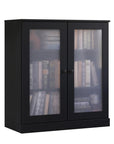36" Black Solid Wood Adjustable Three Tier Library Bookcase with Two Doors