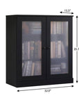 36" Black Solid Wood Adjustable Three Tier Library Bookcase with Two Doors