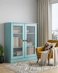36" Aqua Solid Wood Adjustable Three Tier Library Bookcase with Two Doors