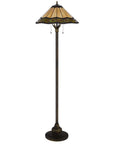 62" Bronze Metal Two Light Floor Lamp With Bone Green And Orange Abstract Tiffany Glass Empire Shade
