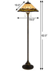 62" Bronze Metal Two Light Floor Lamp With Bone Green And Orange Abstract Tiffany Glass Empire Shade