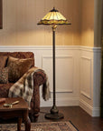 62" Bronze Metal Two Light Floor Lamp With Bone Green And Orange Abstract Tiffany Glass Empire Shade