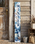 46" Navy Blue White And Sky Blue Solid Wood Hello There Winter Porch Sign