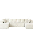Beige Corduroy Modular U Shaped Three Piece Sofa and Chaise Sectional With Console And Toss Pillows
