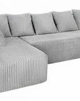 Beige Corduroy Modular U Shaped Three Piece Sofa and Chaise Sectional With Console And Toss Pillows