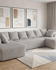 Beige Corduroy Modular U Shaped Three Piece Sofa and Chaise Sectional With Console And Toss Pillows