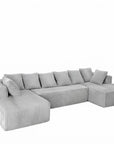 Beige Corduroy Modular U Shaped Three Piece Sofa and Chaise Sectional With Console And Toss Pillows