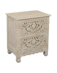 27" White Solid Wood Square Distressed Carved Floral Two Drawer Nightstand