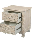 27" White Solid Wood Square Distressed Carved Floral Two Drawer Nightstand