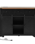 54" Brown and Black Wood Flat Door Rolling Kitchen Cart With Storage With USB