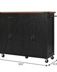 54" Brown and Black Wood Flat Door Rolling Kitchen Cart With USB
