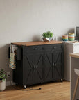 54" Brown and Black Wood Flat Door Rolling Kitchen Cart With USB