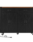 54" Brown and Black Wood Flat Door Rolling Kitchen Cart With USB