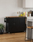 55" Brown and Black Wood Flat Door Rolling Kitchen Cart With Storage With USB
