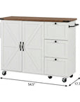 55" Brown and White Wood Flat Door Rolling Kitchen Cart With Storage With USB