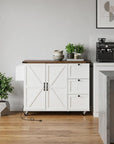 55" Brown and White Wood Flat Door Rolling Kitchen Cart With Storage With USB