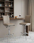 Set of Two Brown And Silver Faux Leather And Metal Low Back Adjustable Height Swivel Bar Chairs