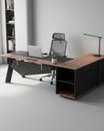 63" Black And Brown Wood And Steel L Shape Pedestal Executive Desk With Four Cabinets