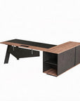 63" Black And Brown Wood And Steel L Shape Pedestal Executive Desk With Four Cabinets