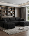 95" Black Corduroy Modular Chaise Style Sofa With Ottoman And Toss Pillows