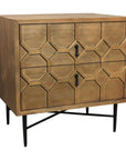26" Natural Iron and Solid Wood Distressed Carved Geometric Two Drawer Nightstand