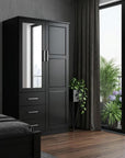 72" Black Solid Wood Mirrored Two Door Three Drawer Combo Dresser