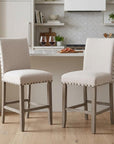Set of Two 26" White Fabric And Wood Counter Height Bar Chairs