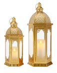 Set of Two Clear And Gold Filigree Glass And Metal Tabletop Lantern Candle Holders
