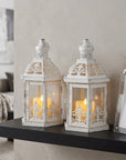 Set of Two White Distressed Glass And Metal Tabletop Lantern Candle Holders