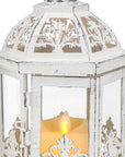 Set of Two White Distressed Glass And Metal Tabletop Lantern Candle Holders