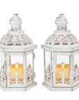 Set of Two White Distressed Glass And Metal Tabletop Lantern Candle Holders