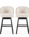 Set of Two 31" Beige And Dark Brown Fabric And Solid Wood Bar Height Swivel Bar Chairs