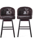 Set of Two 31" Beige And Dark Brown Fabric And Solid Wood Bar Height Swivel Bar Chairs
